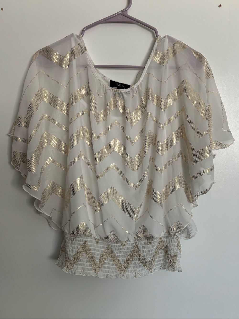 BCX Flowy Sheer Short Sleeve Top White & Gold Shimmer Small Summer Fall Blouse